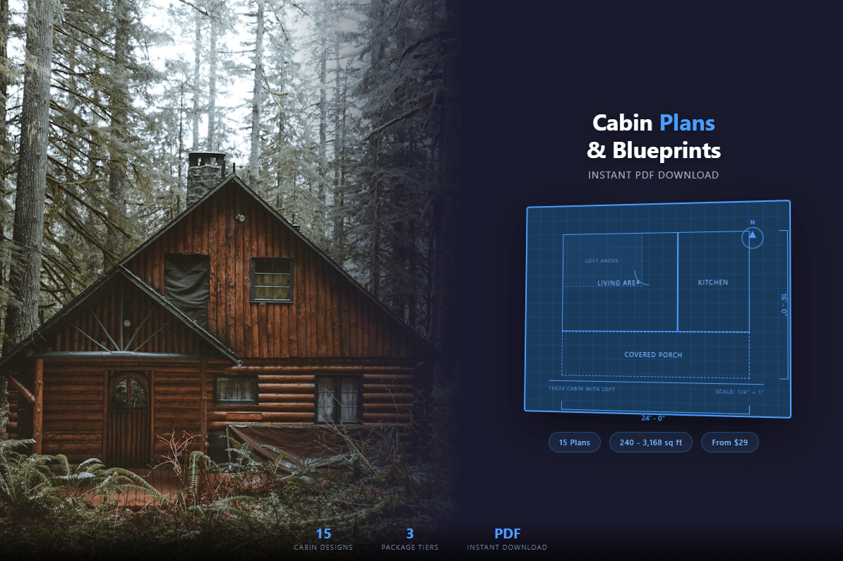 Log cabin building plans and blueprints - floor plans, elevations, and construction guides available as instant PDF download